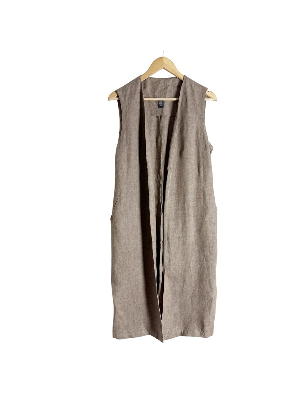 Eleventy Brown Linen Sleeveless Open Front Long Duster Trench Vest Size 10
